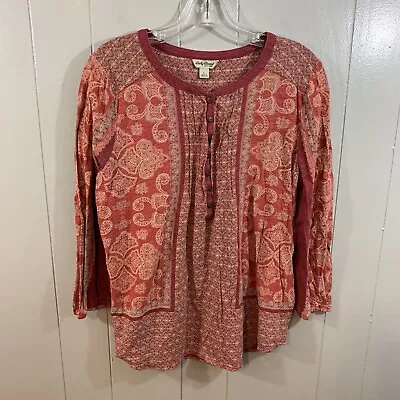 Lucky Brand Burgundy Paisley 3/4 Sleeve Button Casual T Shirt Top L • $18.99