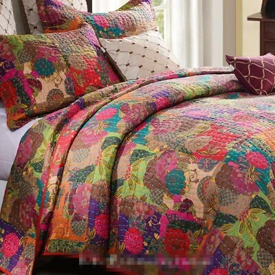 JEWEL RED 3p King QUILT SET : COTTON MOROCCAN BOHO FLORAL EXOTIC PRINT COMFORTER • $129.45