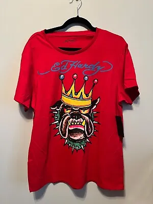 New Ed Hardy Bulldog King Mens Large Soft Cotton Blend Red Graphic T-shirt NWT • $29.99
