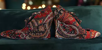 Newport News Red Y2K Velvet Mary Jane Paisley Wedges Size 8B Whimsigoth • $39.99