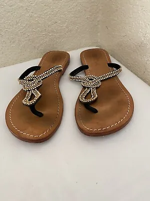 Mystique Black Rhinestones Gold Thong Flat Sandals Women Sz 7 • $29.99