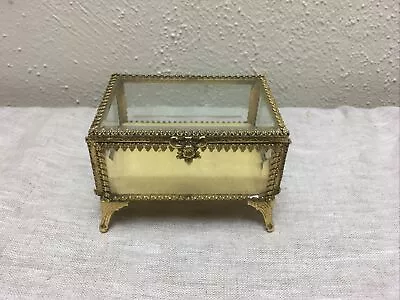 VTG MCM Small Ormolu Gold Filigree Glass Trinket Box Casket Beveled Glass#41 • $49