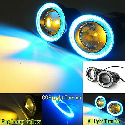 2X 2.5  Inch Yellow Car Projector LED Fog Light W/ Ice Blue Halo Angel Eye Ring • $27.99