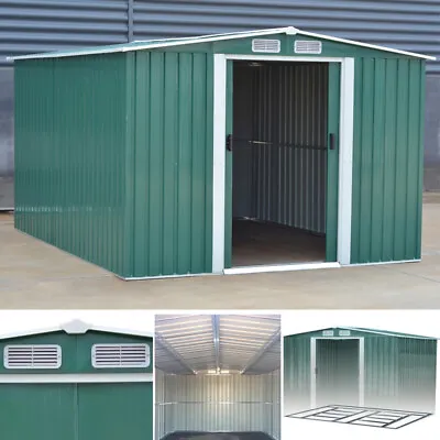 GREEN 6x4 10x8 GARDEN SHED APEX/PENT ROOF SHEDS SLIDING 2DOOR METAL STORE + BASE • £175.99