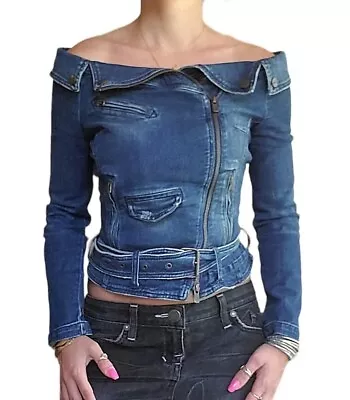 Miss Sixty Off Shoulder Moto Denim Jean Jacket Grommet Belt Biker 80s Style S • $229