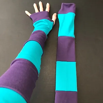 Long Striped Gloves Blue Hand Warmers Purple Armwarmers Patchwork Sleeves Covers • $34