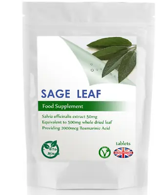 Sage Leaf 500mg (2000mcg Rosmarinic Acid) Tablets (V) Menopause Hot Flushes UK • £3.79