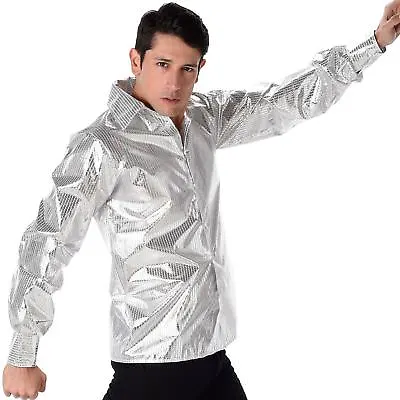 Mens Silver Sequin Disco Shirt 1970s Disco Groovy Adult Fancy Dress Outfit • £9.99
