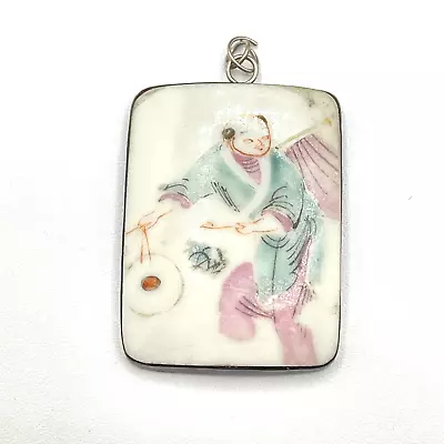 Antique Silver QING Dynasty Vitreous China Hand-Painted Porcelain Shard Pendant • $16