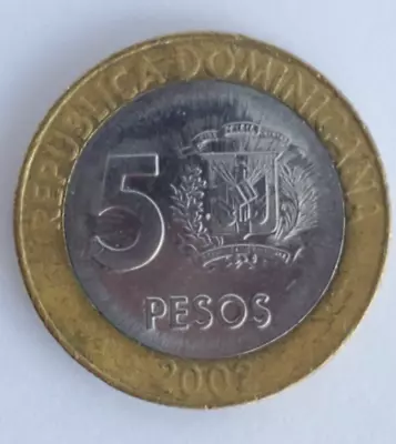 Dominican Republic 5 Pesos 2002 BI-METALLIC Coin KM#89 US Seller FREE SHIP! • $2.50