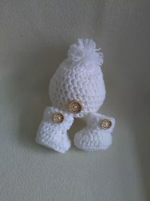 Hand Crochet Newborn Baby Pompom Hat And Booties Set • £11