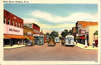 Main Street Wallace NC Street Postcard Ben Franklin Coca Cola Signs Old Bus Cars • $29.99