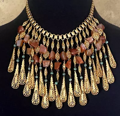 Vintage Bookchain Gold Tone Agate Filigree Drapy Dangle Bib Necklace~exquisite! • $49.95