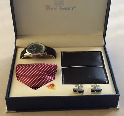 Mark Naimer Men's Watch Wallet Tie & Silver Crystal Cuff-links Set New In Box • $44.99