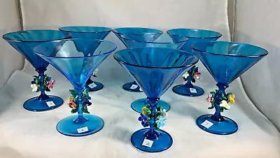 Set Of 8 Blue Venetian Glass 5¼  Martini Glasses With Applied Flowers - Murano • $395