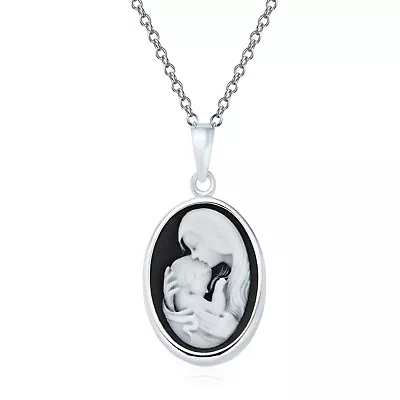 Mother Loving Child Oval Black Cameo Pendant Sterling Silver Necklace • $36.99