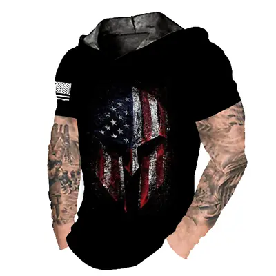 Men Hoodie Short Sleeve Warrior Mask Helmet American Flag Hooded Tee Lightweight • $19.98