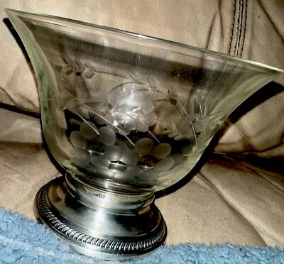 Vintage Wallace Sterling Silver Rim Etched Glass Bowl ￼ • $40
