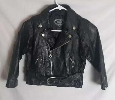 Diamond Plate Black Leather Motorcycle Jacket Biker Kids Size 6/7 • $44.95