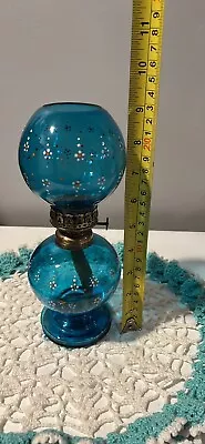 Miniature Hand Painted GWTW Turquoise Oil Lamp Vintage Glass • $125