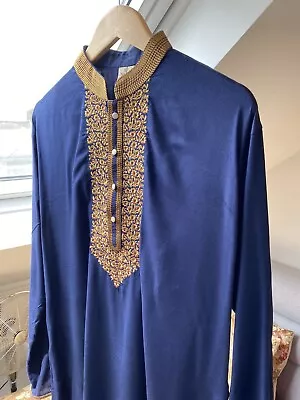 Mens Size 46 Indian Pakistani Kurta Sherwani Wedding Clothes Navy Blue Gold New • £59