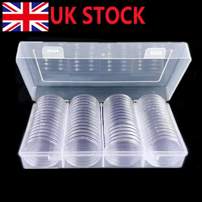 60Pcs 40mm Plastic Clear Coin Capsules Storage Box Holder W/ Case Container UK • £11.99