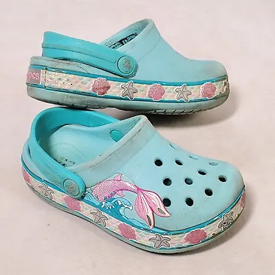 Crocs Fun Lab Girls Mermaid Tail Band Clogs Size C7 Light Blue Shoes Mules • $17.98