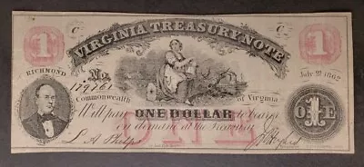1862 $1 Virginia Treasury Obsolete Currency Note • $21.70