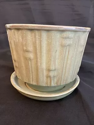 Vtg McCoy Pottery Green Glazed Bamboo Planter Pot 5.5  Tall W/Attach Sauce • $46.95