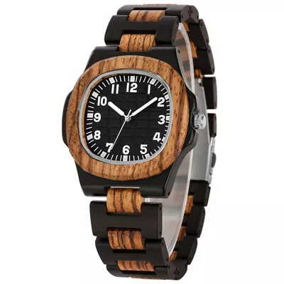 Casual Mens Wood Watch Luminous Hands Quartz Movement Adjustable Wooden Bracelet • $37.39