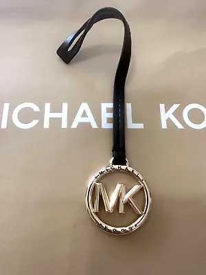 NEW Michael Kors Gold 3D MK Logo Black Leather Strap Handbag Hang Tag Fob 7.75 • $22