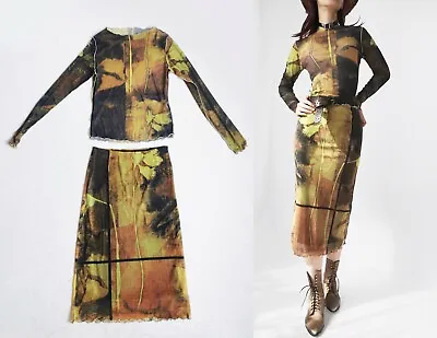 Vivienne Tam Abstract Art Mesh Yellow Brown Black Maxi Dress 2 Piece Set • $109