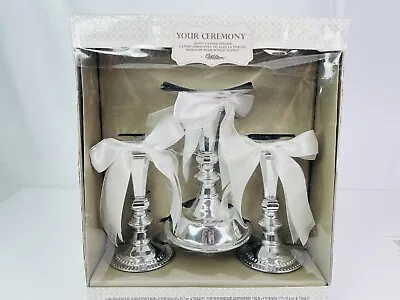 NEW Wilton Silver Plated Unity Candle Holders Chrome Keepsake White Ribbons 3 Pc • £48.25