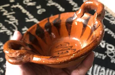 Vtg PUEBLA Mexico FOLK ART POTTERY Red CLAY Glazed SALSA Peppers BOWL Handles 1 • $15.95