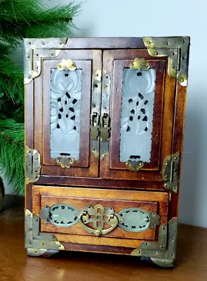 Vintage Chinese Jewelry Box Cabinet Ornate Brass Jade Inlay Stone • $100