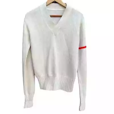 Vintage 1970s Varsity Style V-Neck White And Red Stripe Sweater Size Large • $21