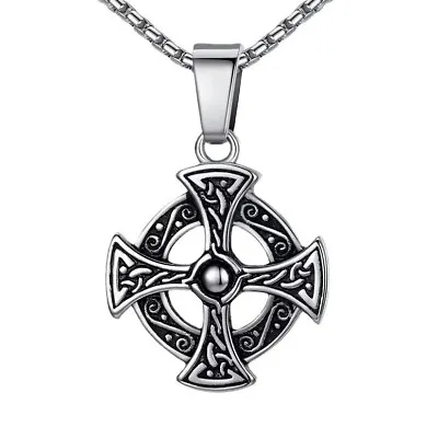 New Mens Womens Stainless Steel Celtic Cross Knot Pendant Necklace Chain Set • $8.98