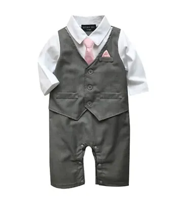 Baby Boy All In One Shirt Waistcoat & Trouser Suit Pink Satin Tie Age 3-6 Months • £6.99