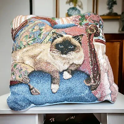 Vtg Decorative Siamese Cat Tapestry Throw Pillow 14 X14  By Fashion Cat Lovers • $26