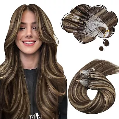 Moresoo Brown Microlink Hair Extensions Human Hair Blonde Highlight 18 Inch H... • $68.50