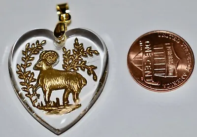 VINTAGE CLEAR GLASS ZODIAC ASTROLOGY HEART PENDANT INTAGLIO ARIES 30mm • $5.99