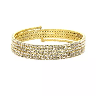 5 Rows Clear Crystal Coiled Wrap Cuff Bracelet 1/2  Wide Gold Bridal • $6.99