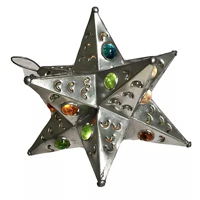 Mexican Folk Art Punched Tin Star Lantern Pendant With Colored Marbles 8  • $50