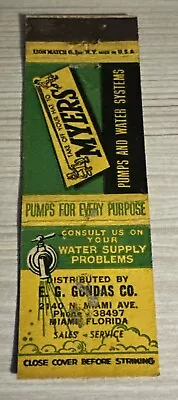 Myers Pumps And Water Systems E. G. Gondas Co Miami Florida Match Book • $1.25