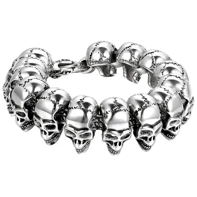 Fashion Huge Heavy Skull Biker Men's Link Stainless Steel Cuff Bangle Bracelet • $22.99
