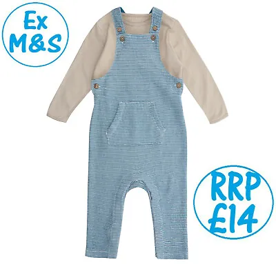 Baby Boys Dungaree 2pc Outfit Set Bodysuit Ex M&s 0-36m Blue Stripe Cotton New • £7.50