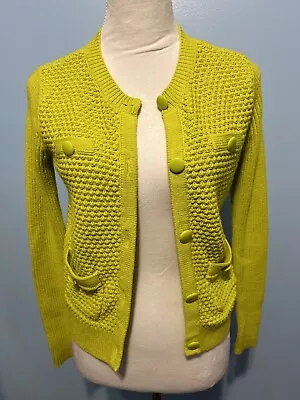 CAbi 5011 Loren Knit Woven Sweater Glow Stick Lime Green Cotton Blend Small • $23.99