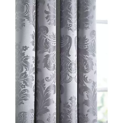 Damask Jacquard Lined Eyelet Curtains Two Panels Silver Grey • £49.95