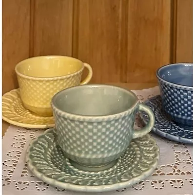 Vintage Pinheiro Bordallo Green Basketweave Cup & Saucer Portugal Ceramic Mug • $14.99