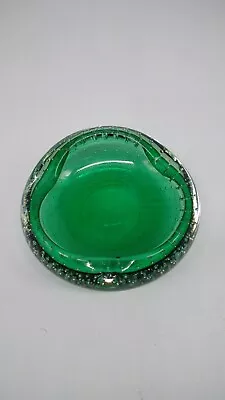 Vintage Murano Glass Ashtray Or Bowl Bullicante Bubbles Green Clear... • $35